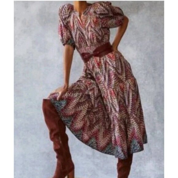 Anthropologie Conditions Apply Preppy Puff-Sleeve Geometric  Midi Dress Sz 16 - Picture 4 of 10